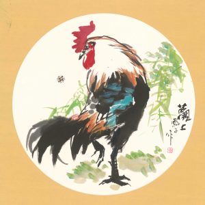 magnificent rooster and bamboo roundel