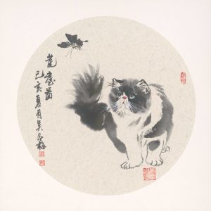 fluffy cat and butterfly ink painting