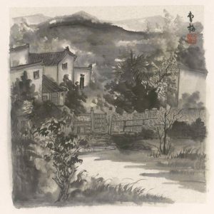 village gate and misty mountains