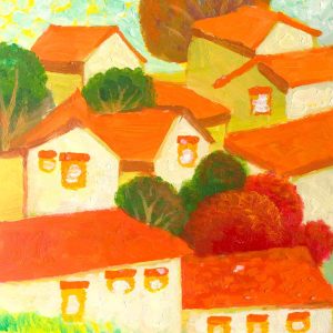 vibrant village in the purple mountain valley