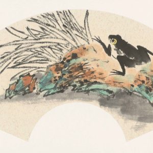 frog on rock with tall grass fan painting