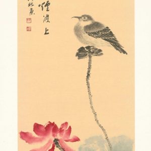 blue and white still life with pink blooms