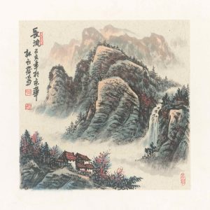 misty mountain retreat with waterfall