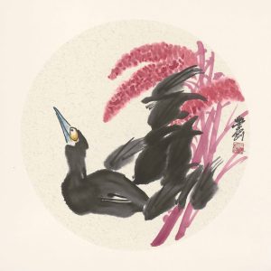 cormorant gazing up at crimson blooms