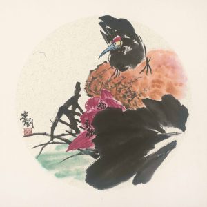 water bird amidst lotus and rock