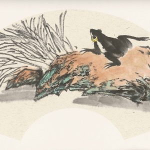 frog on rock with reeds (fan painting)